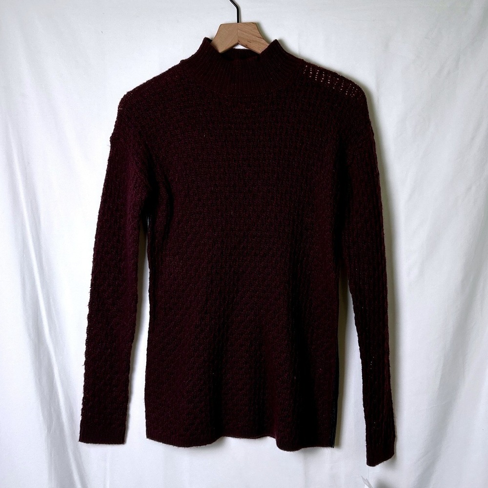Bar III Womens Mock Neck Faux Leather Trim Knit Sweater Size XXS Deep Merlot NEW